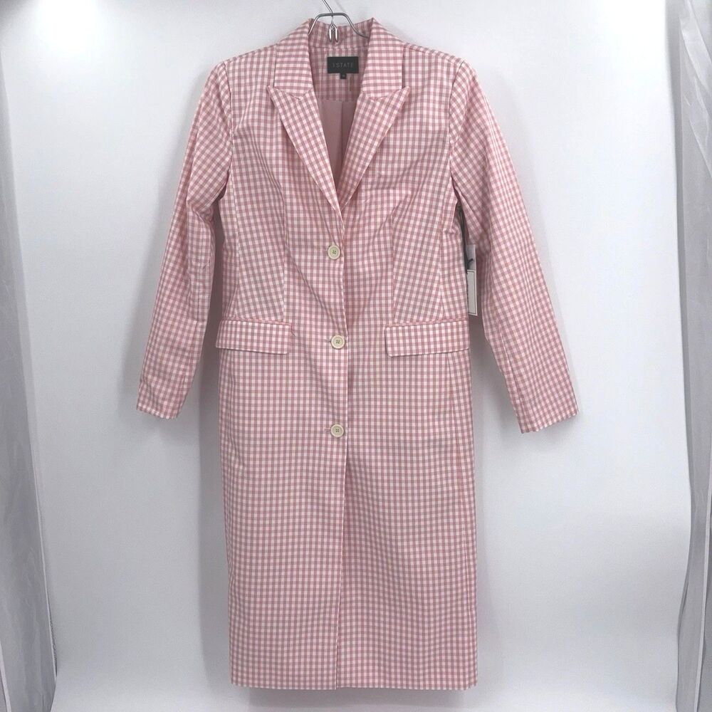 1 State Long Trenchcoat Raincoat Womens Size XS Pink Gingham Plaid Preppy Office